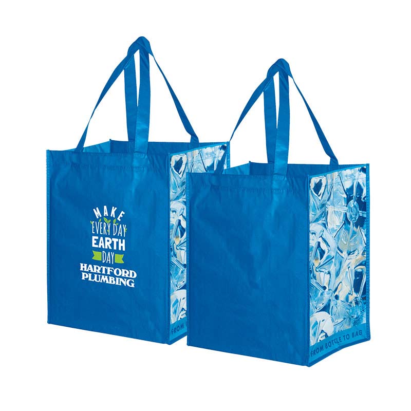 Custom grocery bags made from recycle materials with an inspiring environmental art theme of used water bottles.