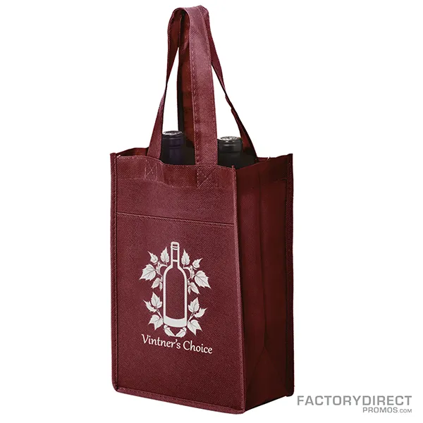 A burgundy custom printed 2-bottle reusable wine bag.